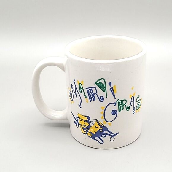 Mardi Gras Mug, Purple, Gold, Green with Mardi Gras Words & 2 Masks, NWOT - Picture 2 of 6